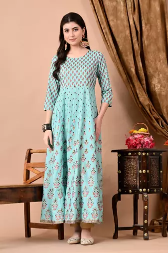 Jaipurite women's printed anarkali long kurti in light green