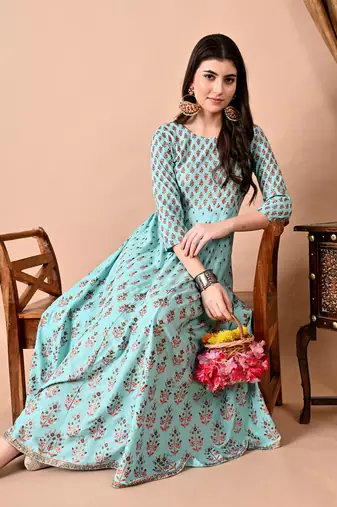 Jaipurite women's printed anarkali long kurti in light green