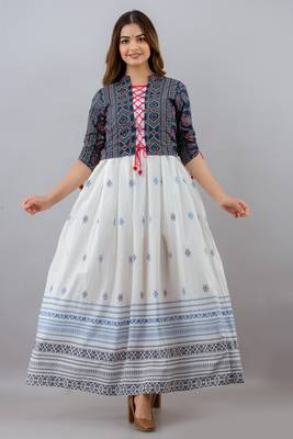 Jaipurite women's rayon anarkali kurti with jacket in white & blue ( jacketed kurti, pack of 2 kurti, festive kurti ) 1