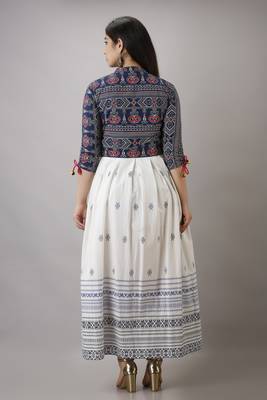 Jaipurite women's rayon anarkali kurti with jacket in white & blue ( jacketed kurti, pack of 2 kurti, festive kurti ) 2