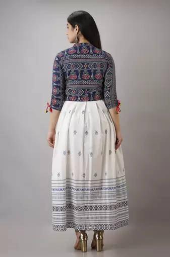 Jaipurite women's rayon anarkali kurti with jacket in white & blue ( jacketed kurti, pack of 2 kurti, festive kurti )