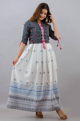 Jaipurite women's rayon anarkali kurti with jacket in white & blue ( jacketed kurti, pack of 2 kurti, festive kurti ) 3
