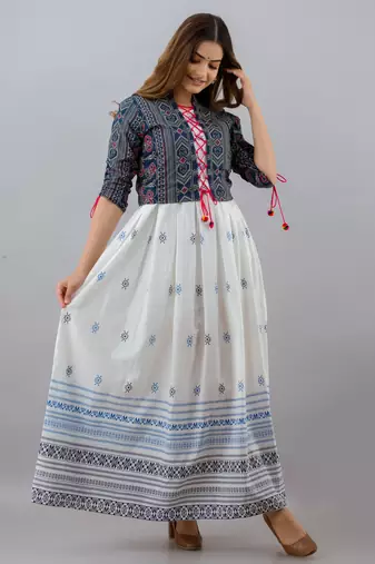 Jaipurite women's rayon anarkali kurti with jacket in white & blue ( jacketed kurti, pack of 2 kurti, festive kurti )
