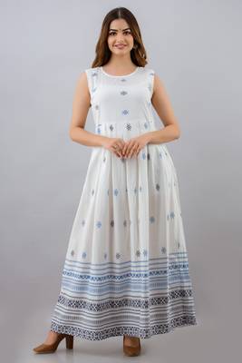Jaipurite women's rayon anarkali kurti with jacket in white & blue ( jacketed kurti, pack of 2 kurti, festive kurti ) 4