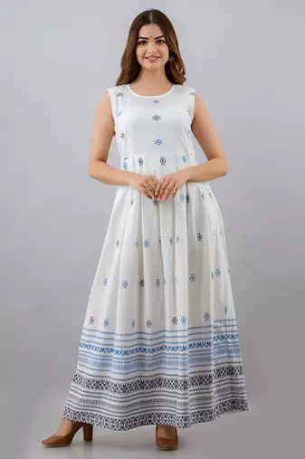 Jaipurite women's rayon anarkali kurti with jacket in white & blue ( jacketed kurti, pack of 2 kurti, festive kurti )