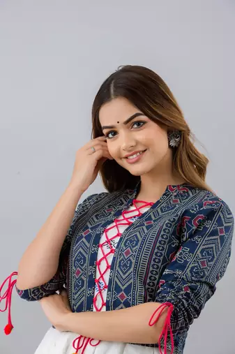 Jaipurite women's rayon anarkali kurti with jacket in white & blue ( jacketed kurti, pack of 2 kurti, festive kurti )
