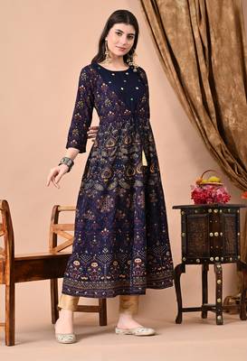 Jaipurite women's embroidered anarkali blue printed kurti in rayon ( festive wear, party wear, anarkali kurti ) 3