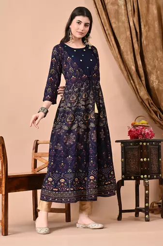 Jaipurite women's embroidered anarkali blue printed kurti in rayon ( festive wear, party wear, anarkali kurti )