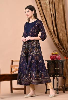 Jaipurite women's embroidered anarkali blue printed kurti in rayon ( festive wear, party wear, anarkali kurti ) 4