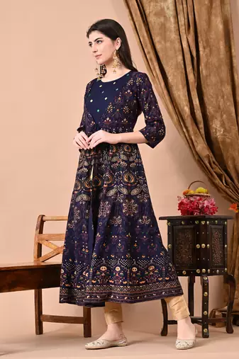 Jaipurite women's embroidered anarkali blue printed kurti in rayon ( festive wear, party wear, anarkali kurti )