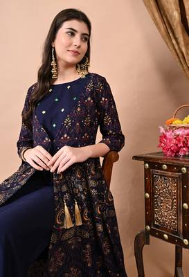 Jaipurite women's embroidered anarkali blue printed kurti in rayon ( festive wear, party wear, anarkali kurti ) 5