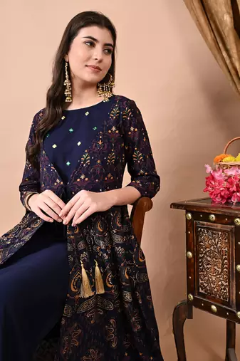 Jaipurite women's embroidered anarkali blue printed kurti in rayon ( festive wear, party wear, anarkali kurti )
