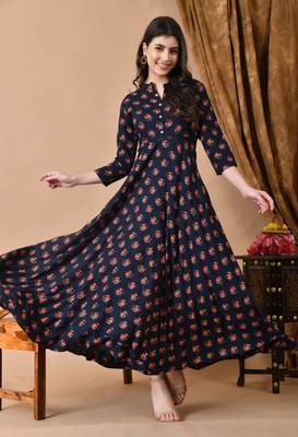 Jaipurite women's long flared rayon printed anarkali kurta in dark blue ( festive wear, women's kurti, anarkali kurti ) 1