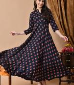 Jaipurite women's long flared rayon printed anarkali kurta in dark blue ( festive wear, women's kurti, anarkali kurti )