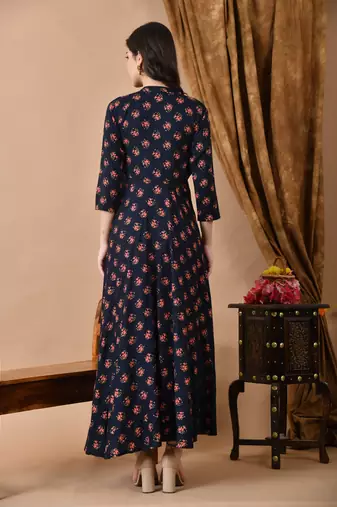 Jaipurite women's long flared rayon printed anarkali kurta in dark blue ( festive wear, women's kurti, anarkali kurti )