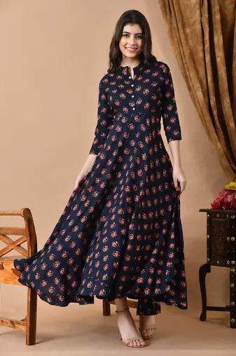 Jaipurite women's long flared rayon printed anarkali kurta in dark blue ( festive wear, women's kurti, anarkali kurti )