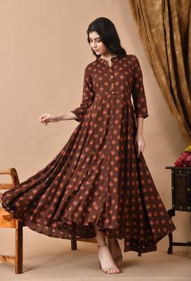 Jaipurite women's long flared rayon printed anarkali kurta in brown. ( festive wear, women's kurti, anarkali kurti ) 1