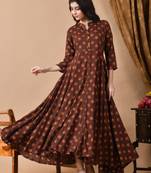 Jaipurite women's long flared rayon printed anarkali kurta in brown. ( festive wear, women's kurti, anarkali kurti )