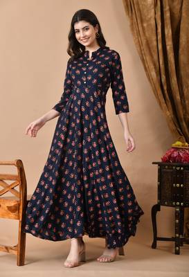 Jaipurite women's long flared rayon printed anarkali kurta in dark blue ( festive wear, women's kurti, anarkali kurti ) 4