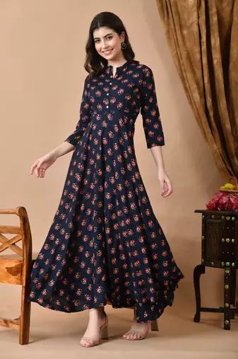 Jaipurite women's long flared rayon printed anarkali kurta in dark blue ( festive wear, women's kurti, anarkali kurti )