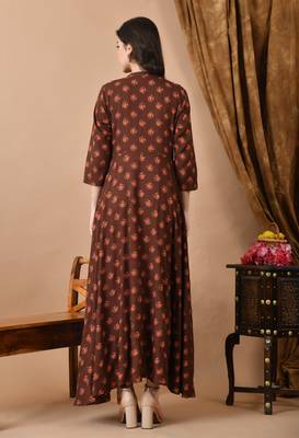 Jaipurite women's long flared rayon printed anarkali kurta in brown. ( festive wear, women's kurti, anarkali kurti ) 2