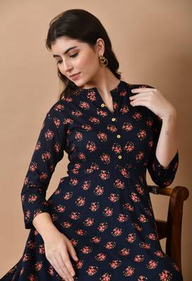 Jaipurite women's long flared rayon printed anarkali kurta in dark blue ( festive wear, women's kurti, anarkali kurti ) 5