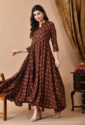 Jaipurite women's long flared rayon printed anarkali kurta in brown. ( festive wear, women's kurti, anarkali kurti ) 3