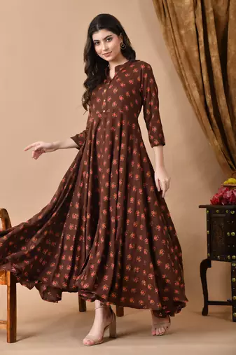 Jaipurite women's long flared rayon printed anarkali kurta in brown. ( festive wear, women's kurti, anarkali kurti )