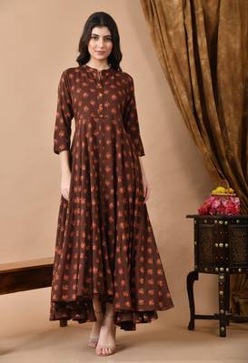 Jaipurite women's long flared rayon printed anarkali kurta in brown. ( festive wear, women's kurti, anarkali kurti ) 4