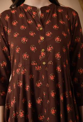 Jaipurite women's long flared rayon printed anarkali kurta in brown. ( festive wear, women's kurti, anarkali kurti ) 5