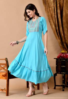 Jaipurite women's  embroidered anarkali blue printed kurti in rayon ( festive wear,  women's kurti, anarkali kurti ) 1