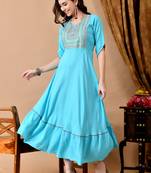 Jaipurite women's  embroidered anarkali blue printed kurti in rayon ( festive wear,  women's kurti, anarkali kurti )