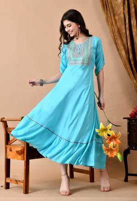 Jaipurite women's  embroidered anarkali blue printed kurti in rayon ( festive wear,  women's kurti, anarkali kurti ) 3