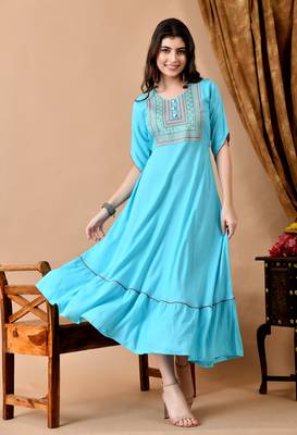 Jaipurite women's  embroidered anarkali blue printed kurti in rayon ( festive wear,  women's kurti, anarkali kurti ) 4