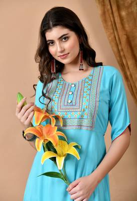 Jaipurite women's  embroidered anarkali blue printed kurti in rayon ( festive wear,  women's kurti, anarkali kurti ) 5