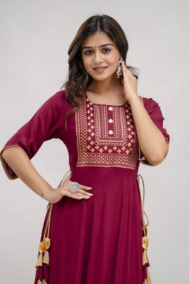Jaipurite women's  embroidered anarkali red printed kurti in rayon ( festive wear,  women's kurti, anarkali kurti ) 4
