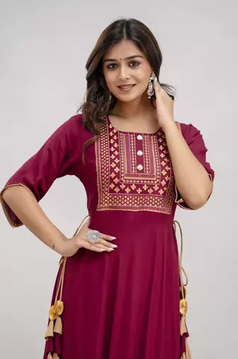 Jaipurite women's  embroidered anarkali red printed kurti in rayon ( festive wear,  women's kurti, anarkali kurti )