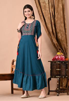 Jaipurite women's  embroidered anarkali teal blue printed kurti in rayon ( festive wear, women's kurti, anarkali kurti ) 1