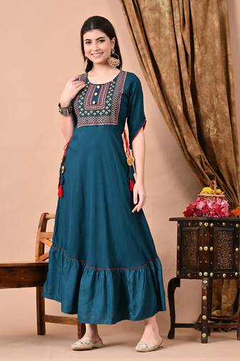 Jaipurite women's  embroidered anarkali teal blue printed kurti in rayon ( festive wear, women's kurti, anarkali kurti )