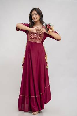 Jaipurite women's  embroidered anarkali red printed kurti in rayon ( festive wear,  women's kurti, anarkali kurti ) 5