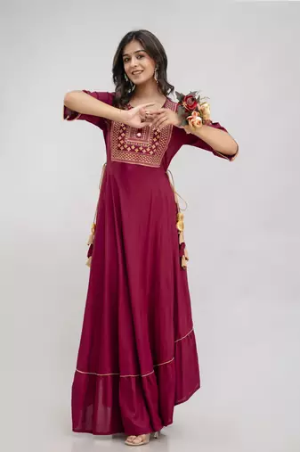 Jaipurite women's  embroidered anarkali red printed kurti in rayon ( festive wear,  women's kurti, anarkali kurti )