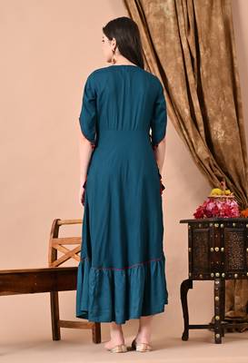 Jaipurite women's  embroidered anarkali teal blue printed kurti in rayon ( festive wear, women's kurti, anarkali kurti ) 2