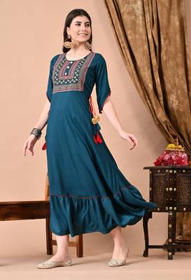 Jaipurite women's  embroidered anarkali teal blue printed kurti in rayon ( festive wear, women's kurti, anarkali kurti ) 3