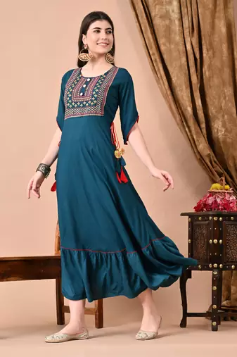 Jaipurite women's  embroidered anarkali teal blue printed kurti in rayon ( festive wear, women's kurti, anarkali kurti )