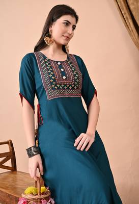 Jaipurite women's  embroidered anarkali teal blue printed kurti in rayon ( festive wear, women's kurti, anarkali kurti ) 4