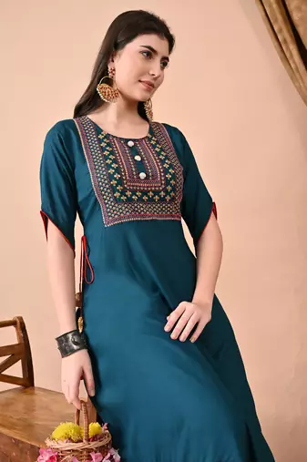 Jaipurite women's  embroidered anarkali teal blue printed kurti in rayon ( festive wear, women's kurti, anarkali kurti )
