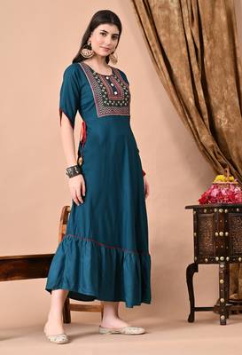 Jaipurite women's  embroidered anarkali teal blue printed kurti in rayon ( festive wear, women's kurti, anarkali kurti ) 5