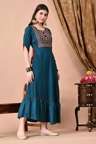 Jaipurite women's  embroidered anarkali teal blue printed kurti in rayon ( festive wear, women's kurti, anarkali kurti )