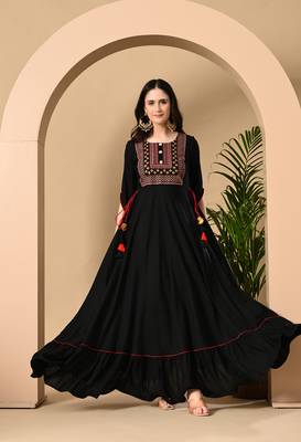 Jaipurite women's  embroidered anarkali black printed kurti in rayon ( wedding wear, women's kurti, anarkali kurti ) 1
