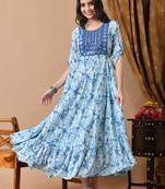 Jaipurite women's  embroidered anarkali blue printed kurti in rayon ( wedding wear, women's kurti, anarkali kurti )